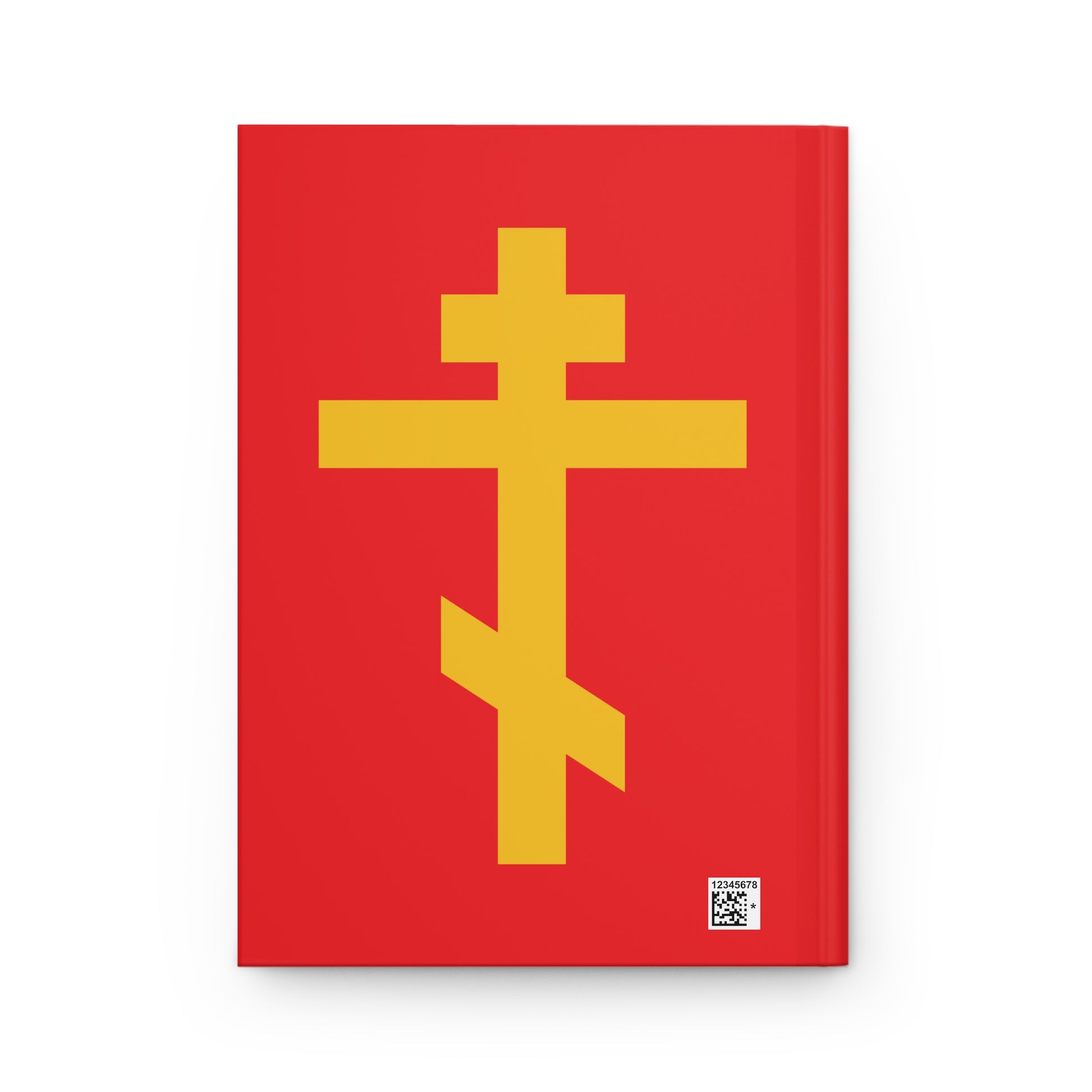 The “Yellow Orthodox Cross Red Background | Precious and Life-Giving Weapon of Unseen Warfare” Orthodox Hardcover Journal features a large yellow cross on red, Galatians 2:20 message, and a small QR code in the bottom right corner.