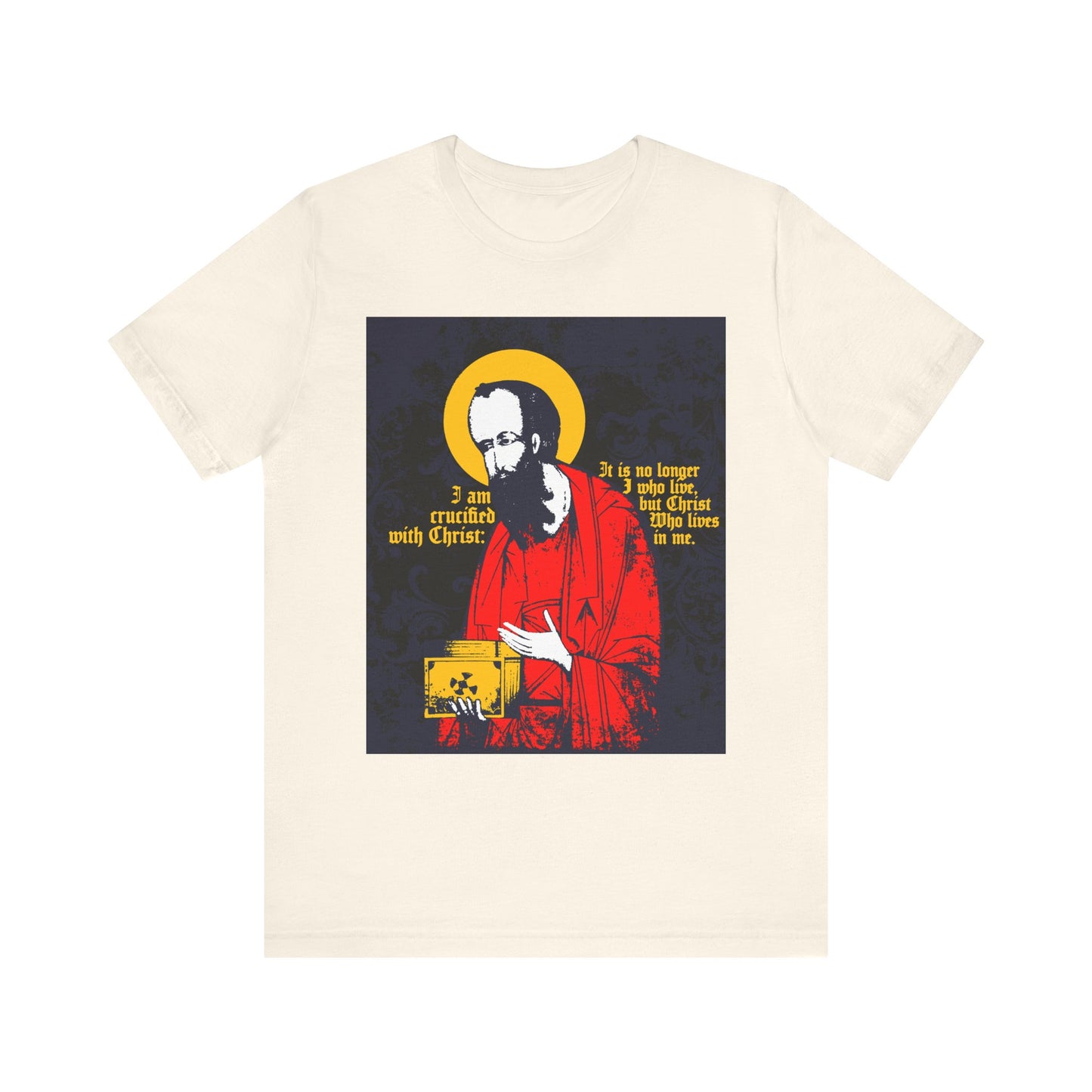 Natural lightweight cotton unisex tee featuring an iconographic image of St Paul holding the Gospel and the text “I am crucified with Christ (Galatians 2:20),” beautifully expressing new life in Christ.