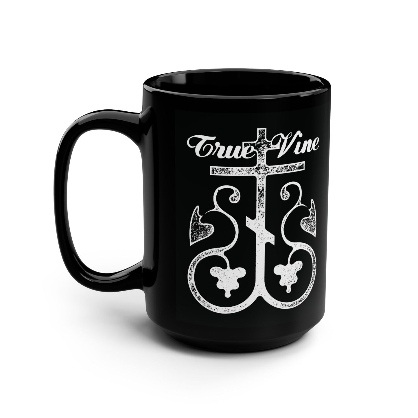 I Am the True Vine (John 15, Ezekiel 15) | Orthodox Cross with Grape Vine | Photocopy Effect | Orthodox Christian Black Mug