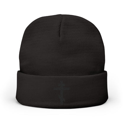 Black On Black Embroidered Orthodox Cross | Nail My Passions to the Wood of Thy Precious Cross O Lord | Orthodox Christian Knit Beanie