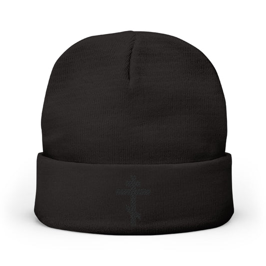 Black On Black Embroidered Orthodox Cross | Nail My Passions to the Wood of Thy Precious Cross O Lord | Orthodox Christian Knit Beanie
