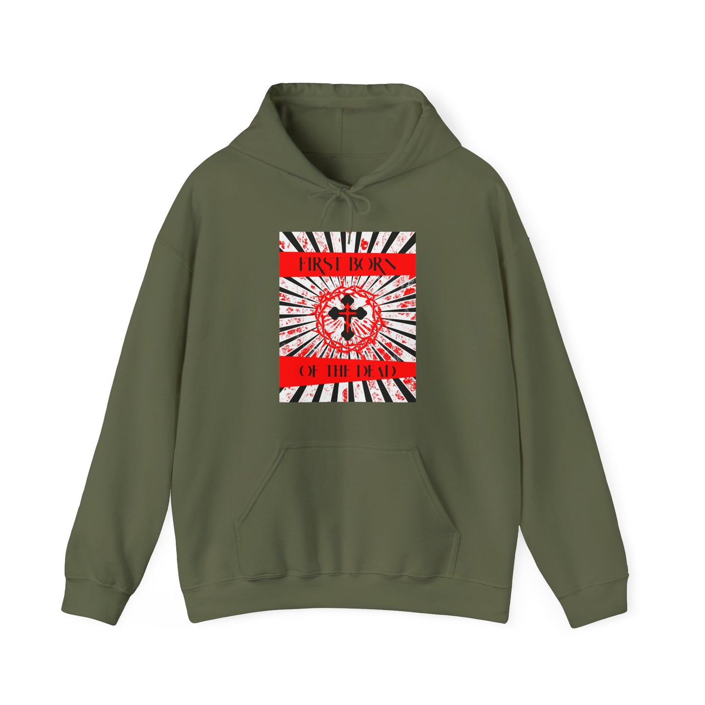 First Born of the Dead | Orthodox Cross and Crown of Thorns | Red White and Black Textured Design with Rays | Orthodox Christian Hoodie / Hooded Sweatshirt