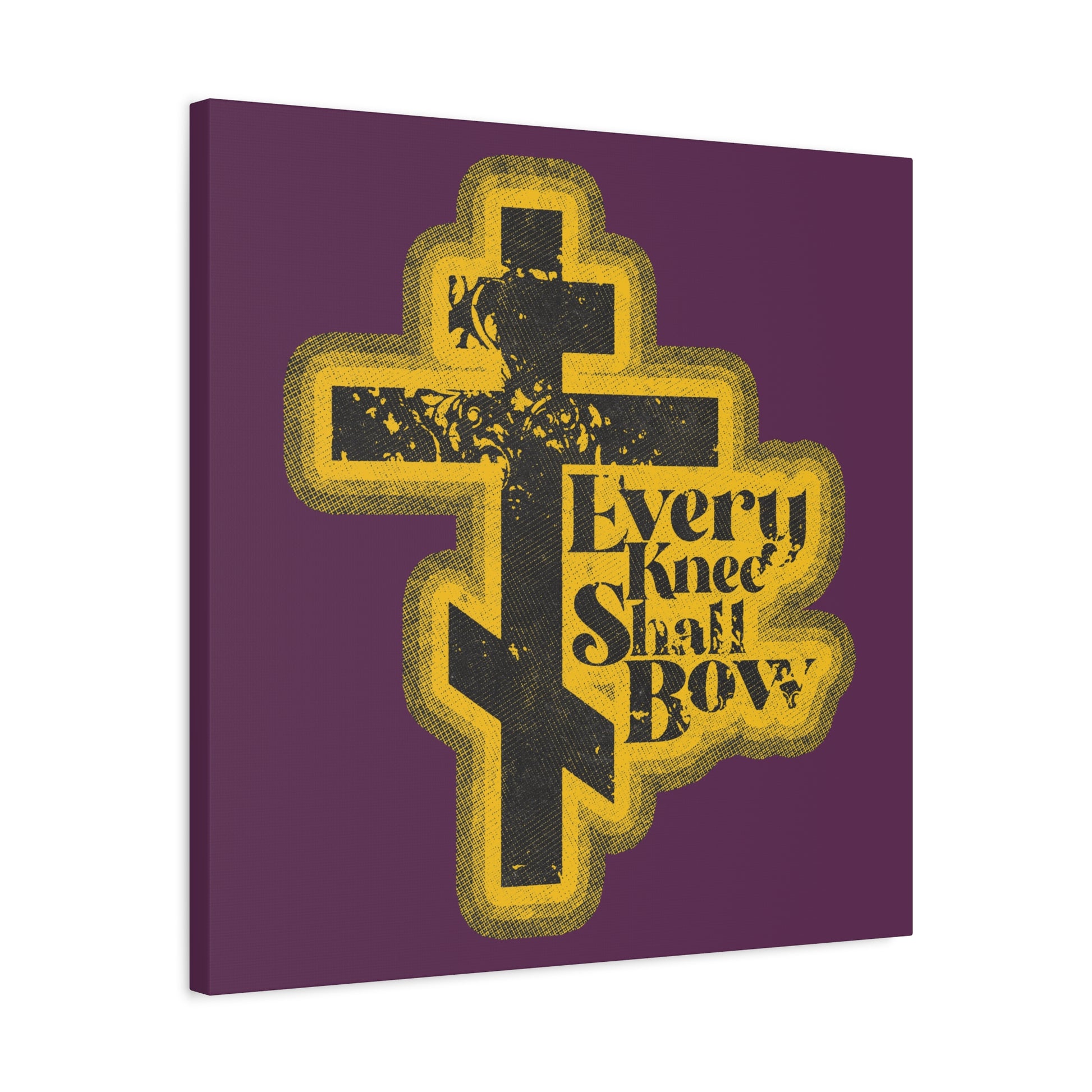 A 70s distressed halftone comic book style wall art featuring an Orthodox cross with “Every Knee Shall Bow,” Philippians 2:10-11, and Isaiah 45:23 on a purple background.