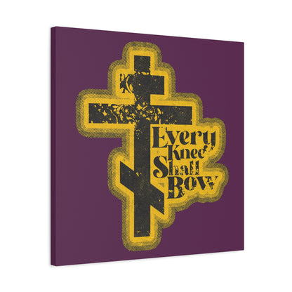 A 70s distressed halftone comic book style wall art featuring an Orthodox cross with “Every Knee Shall Bow,” Philippians 2:10-11, and Isaiah 45:23 on a purple background.