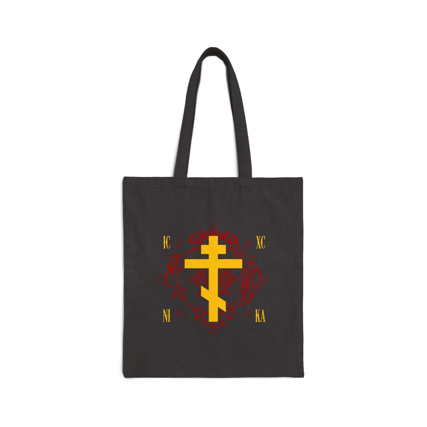 ICXC NIKA Yellow Russian Cross on Ornate Red Background Design | Jesus Christ Conquers | Orthodox Christian Tote Bag
