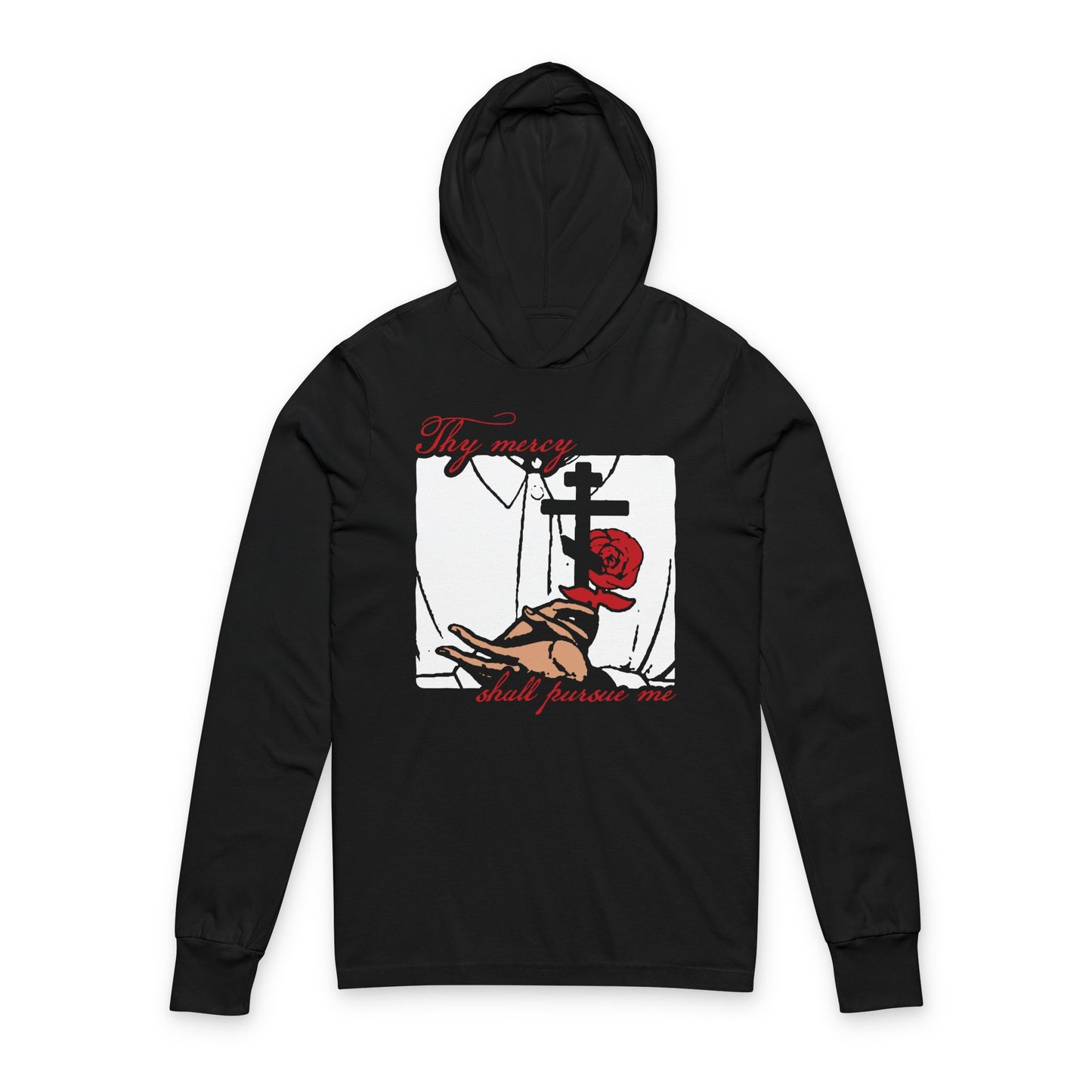 Thy Mercy Shall Pursue Me - Psalm 22 (23) | Orthodox Martyr's Cross and Rose Icono-Graphic Style | Orthodox Christian Cotton Hooded Shirt