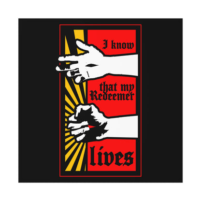 The "I Know That My Redeemer Lives (Job 19:25)" comic book style poster features a resurrected Jesus fist with divine power, rays of light, and bold Orthodox Christian art on a red and black background, symbolizing hope and faith.