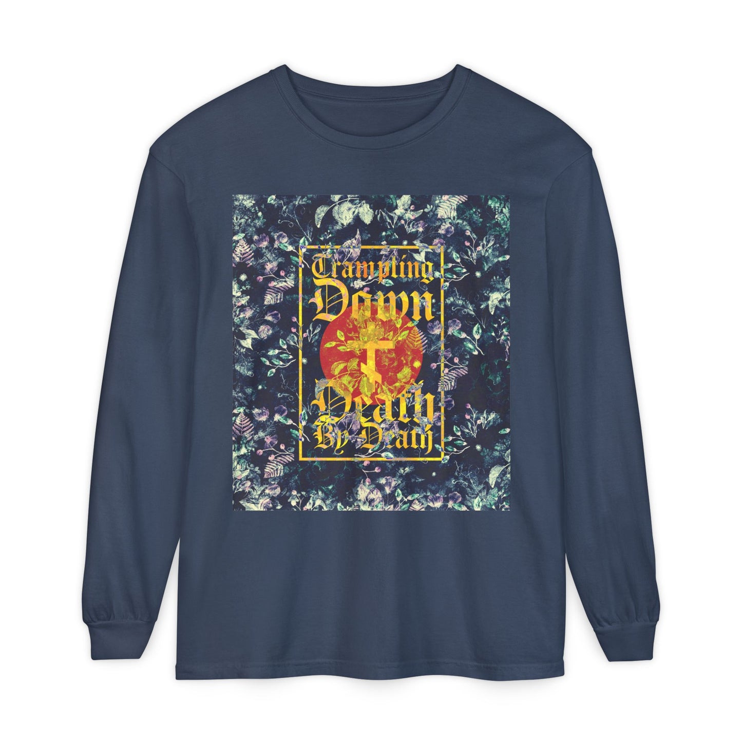 Trampling Down Death By Death | Paschal Floral Design with Gothic Script and Three-Bar Cross | Orthodox Christian Long Sleeve Shirt