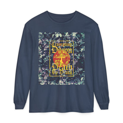 Trampling Down Death By Death | Paschal Floral Design with Gothic Script and Three-Bar Cross | Orthodox Christian Long Sleeve Shirt