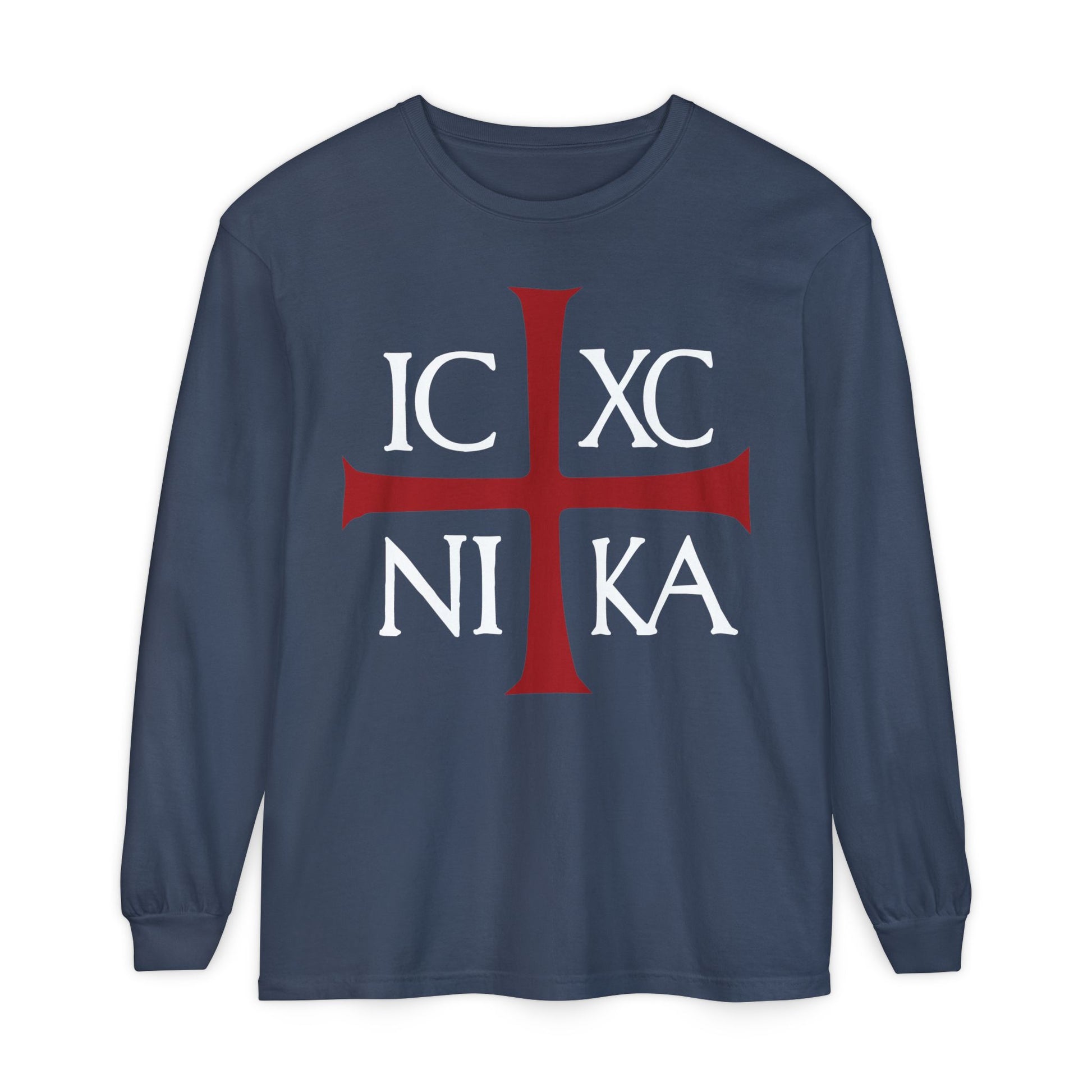 Midnight long-sleeve cotton shirt featuring a red cross and white ICXC NIKA Ancient Byzantine Christogram—boldly expressing "Jesus Christ Conquers" for Orthodox Christians.