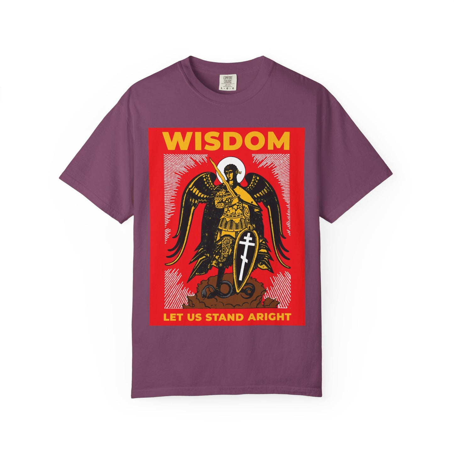Berry-colored heavyweight cotton tee featuring a bold Russian illustration of Archangel Michael with shield and sword, plus "Wisdom" and "Let Us Stand Aright" text in red and yellow. Orthodox unisex design.