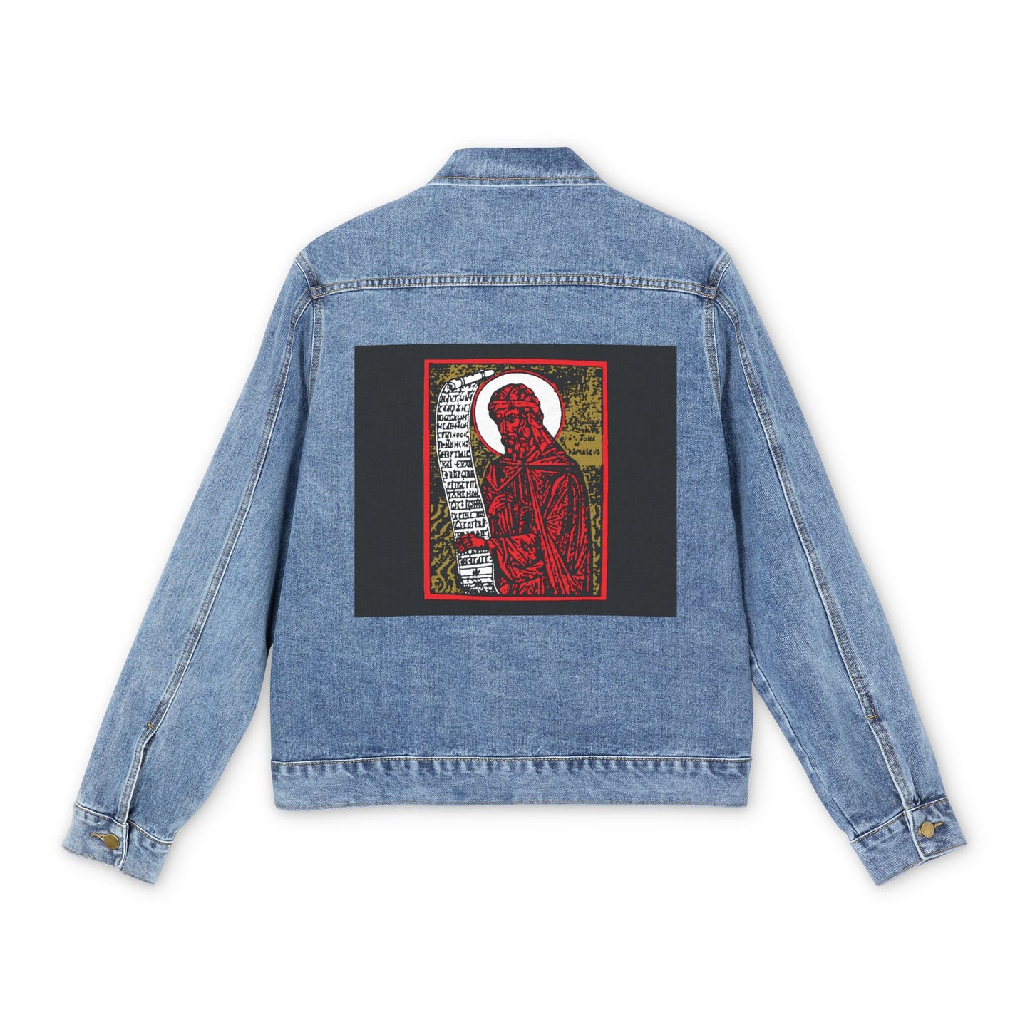 Medium denim wash jean jacket featuring St. John of Damascus in a red, gold, and black high-contrast Orthodox iconographic design with script on the back panel. Inspired by Orthodox Christian tradition.