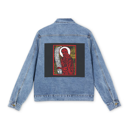Medium denim wash jean jacket featuring St. John of Damascus in a red, gold, and black high-contrast Orthodox iconographic design with script on the back panel. Inspired by Orthodox Christian tradition.