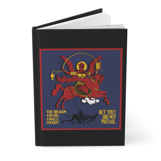 Archangel Michael of the Apocalypse IconoGraphic (Revelation 12:7-8): Red angel and horse on blue. Orthodox Christian hardcover journal inspired by spiritual warfare—"The dragon and his angels fought, but did not prevail.