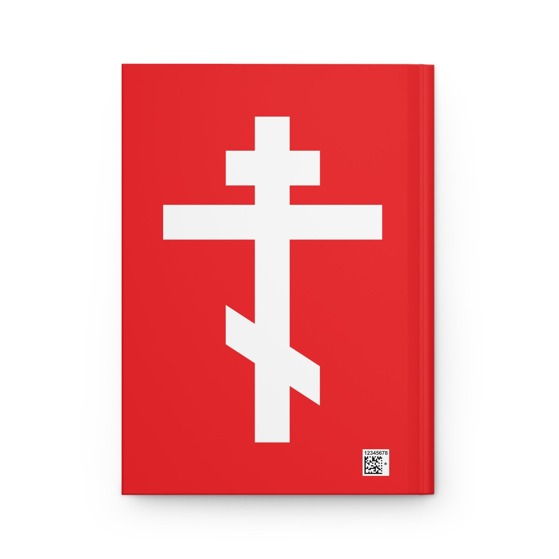 The White Orthodox Cross Red Background hardcover journal displays a large white Orthodox cross on red and features the quote "May I never boast, except in the cross of our Lord Jesus Christ" (Gal 6:14) on its cover.