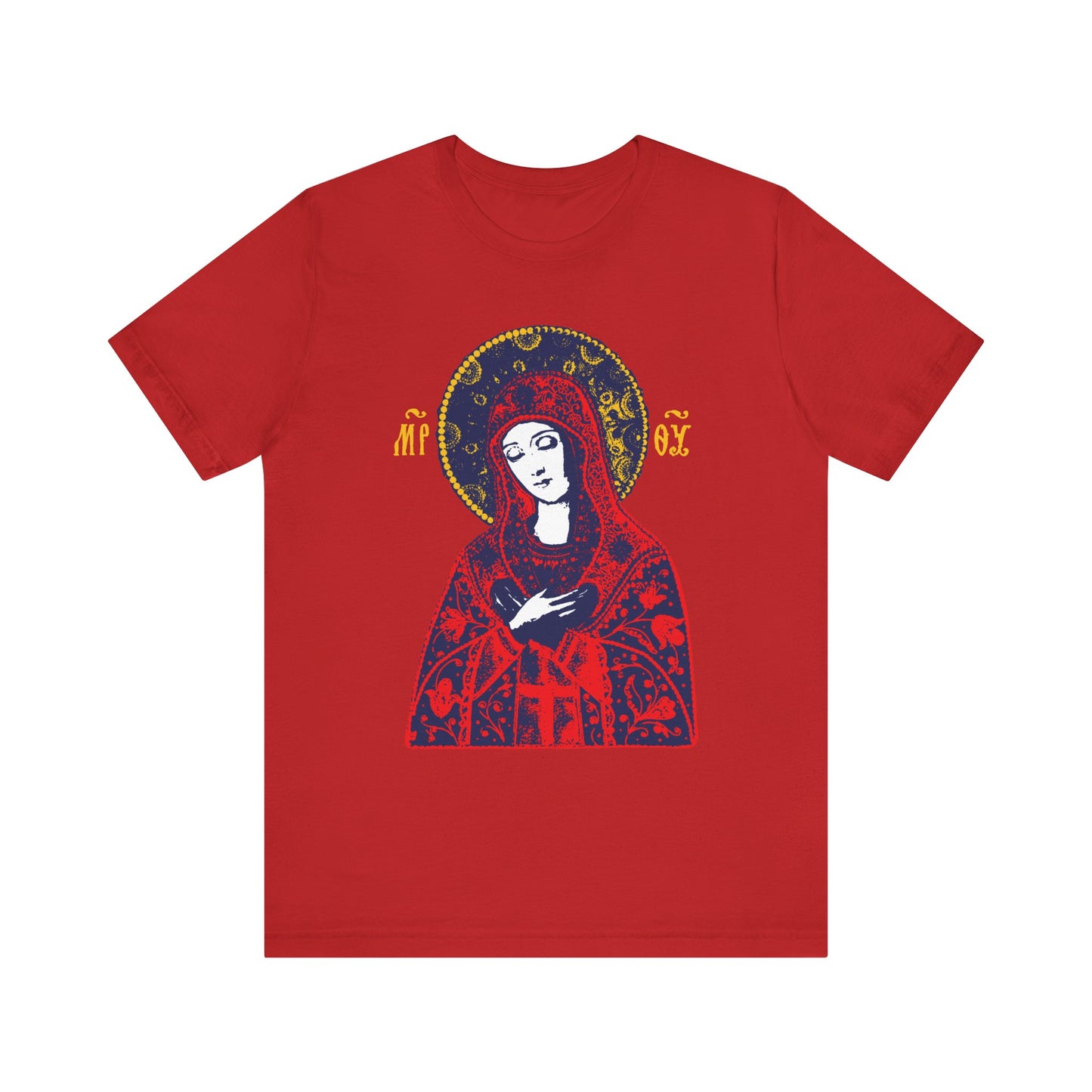 Red "Joy of All Joys Tenderness Theotokos" t-shirt, featuring traditional Orthodox iconography of a haloed Madonna-like figure with golden symbols. Christian lightweight cotton unisex design.