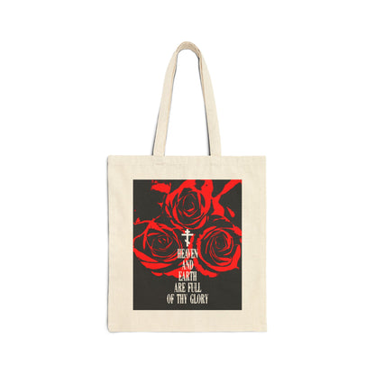 Heaven and Earth Are Full of Thy Glory | Orthodox Liturgical Hymn | Red Roses | Western Typography | Orthodox Christian Cotton Canvas Tote Bag