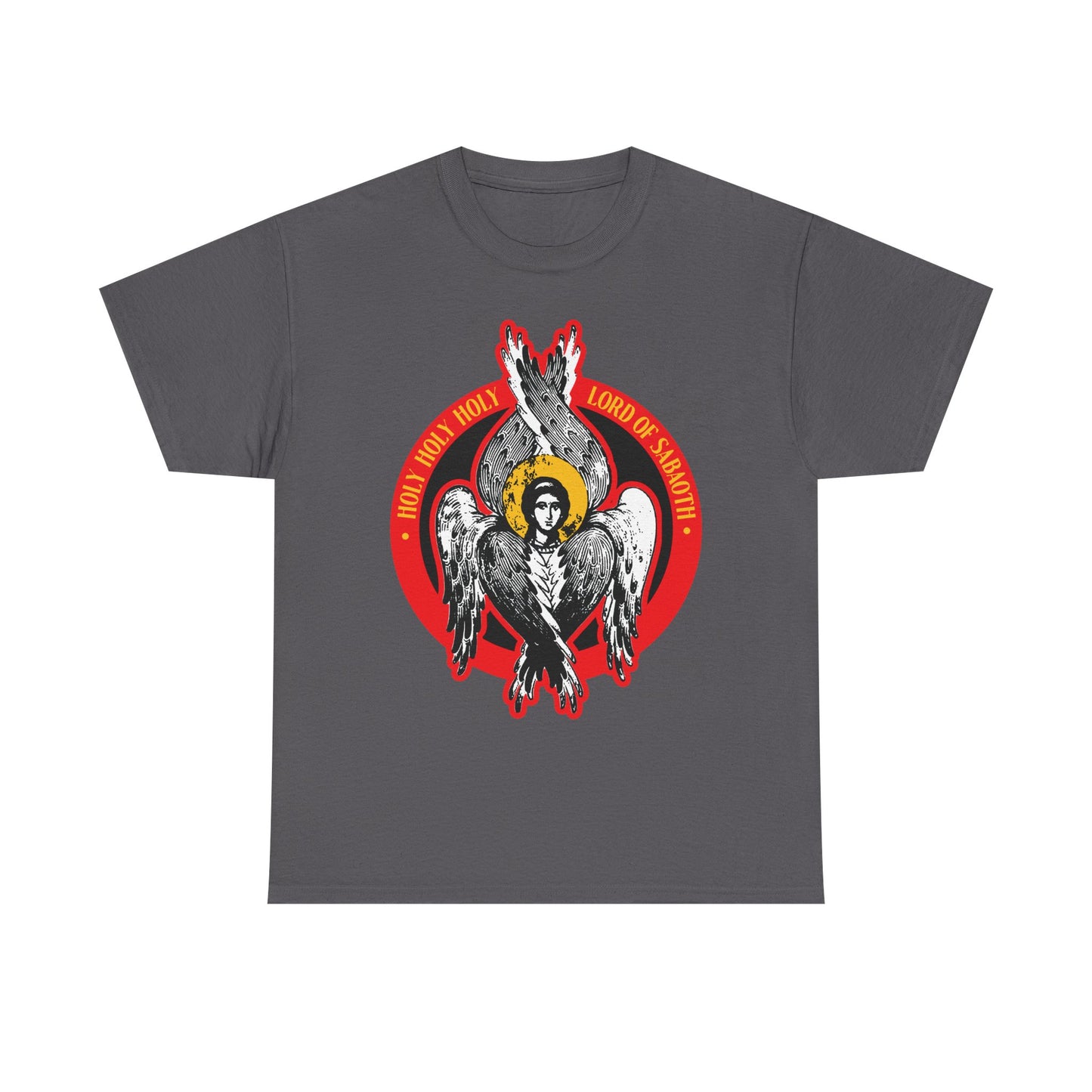 Charcoal heavy cotton t-shirt featuring a seraphim with wings and flames, encircled by "HOLY HOLY HOLY LORD OF HOSTS," inspired by Isaiah 6. Holy Holy Holy, Lord of Sabaoth—Christian Seraphim Angel IconoGraphic design.