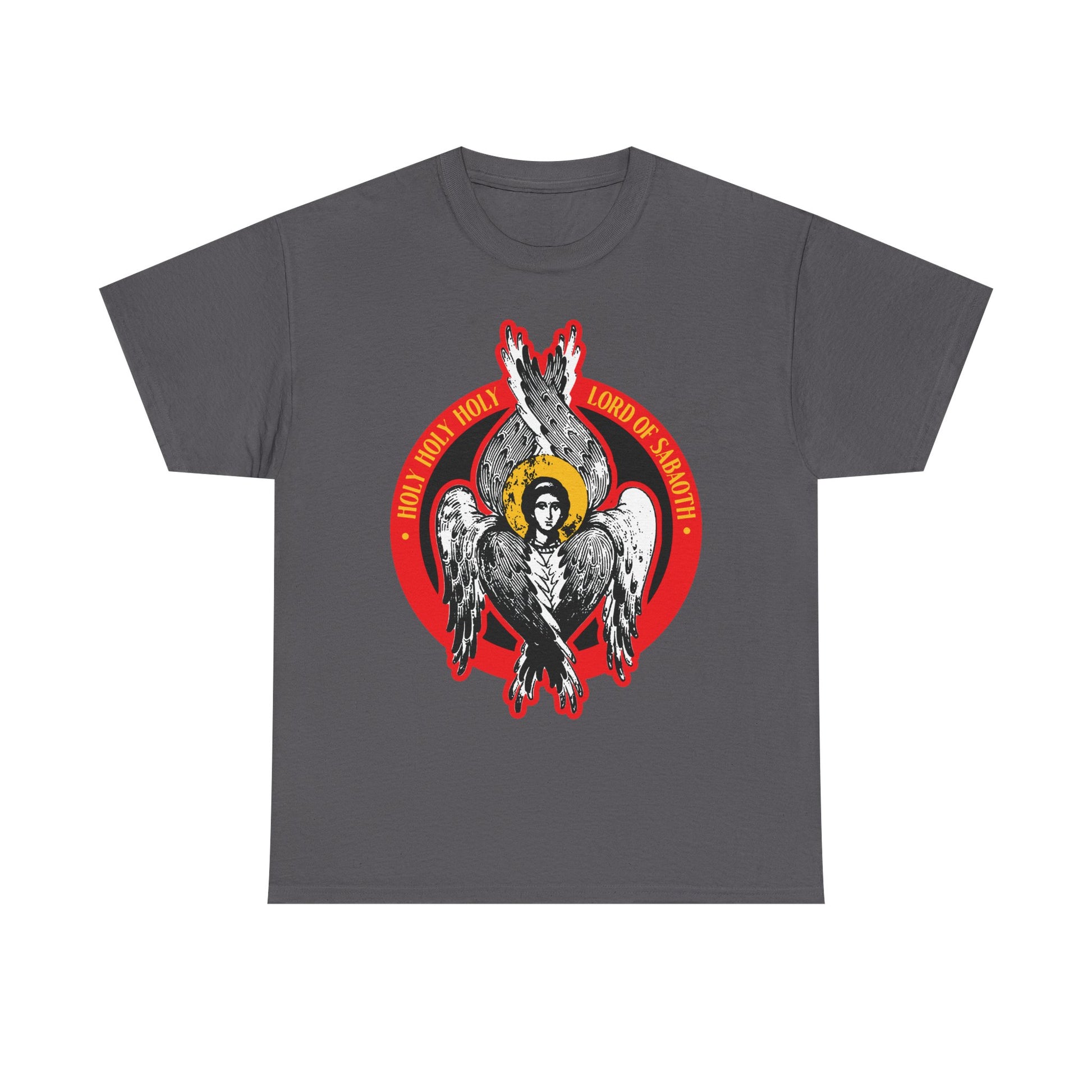 Charcoal heavy cotton t-shirt featuring a seraphim with wings and flames, encircled by "HOLY HOLY HOLY LORD OF HOSTS," inspired by Isaiah 6. Holy Holy Holy, Lord of Sabaoth—Christian Seraphim Angel IconoGraphic design.