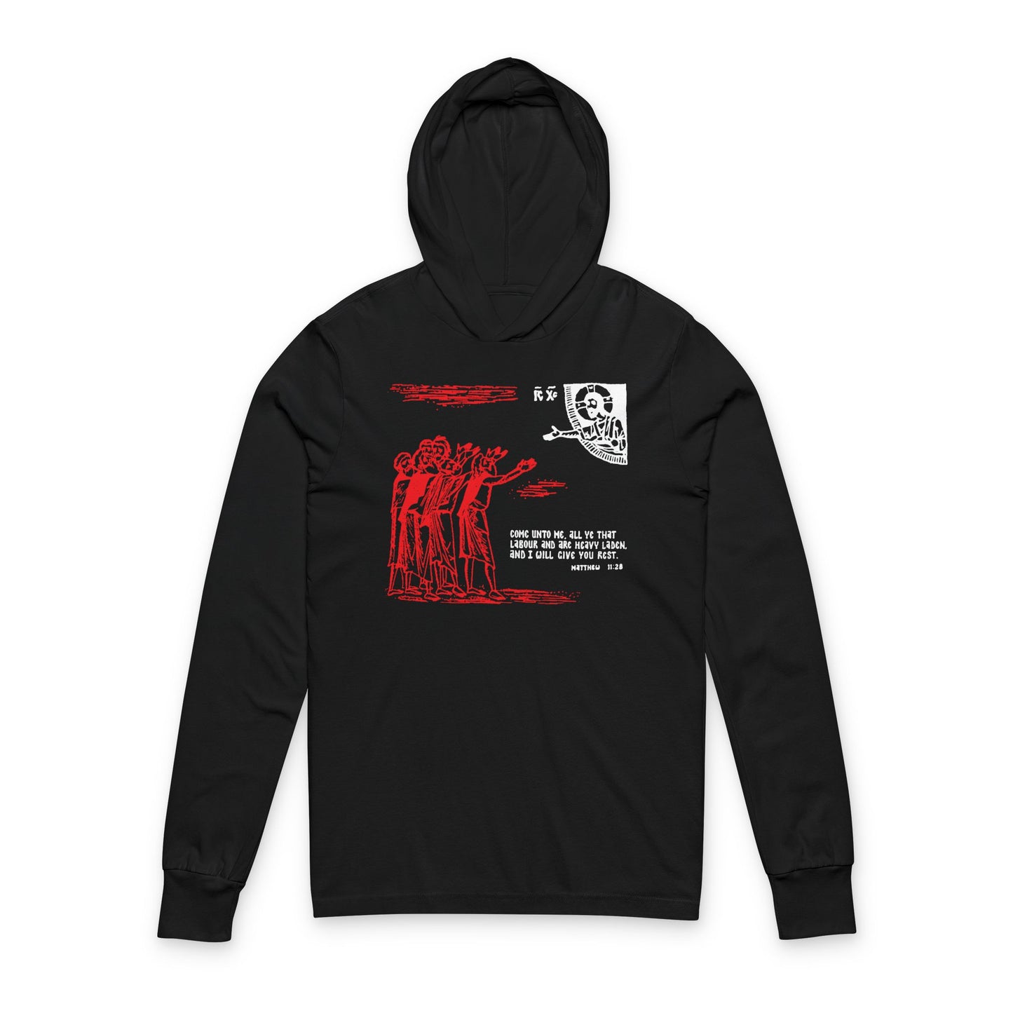 Black "Come Unto Me All Ye That Labour & Are Heavy Laden (Matt. 11:28)" Orthodox hoodie with an icono-graphic drawing on the front, in black cotton long sleeve style.