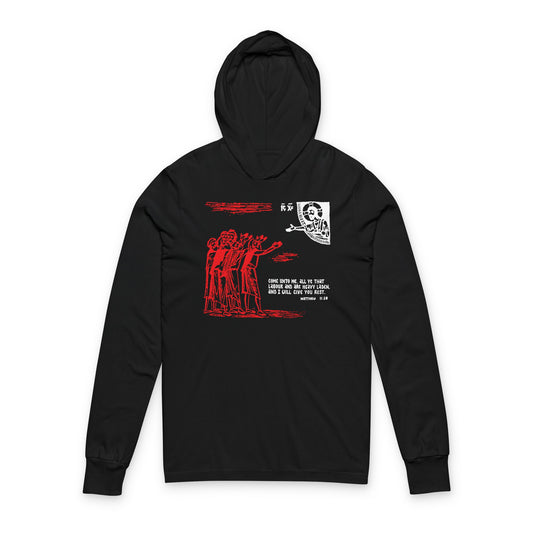 Black "Come Unto Me All Ye That Labour & Are Heavy Laden (Matt. 11:28)" Orthodox hoodie with an icono-graphic drawing on the front, in black cotton long sleeve style.