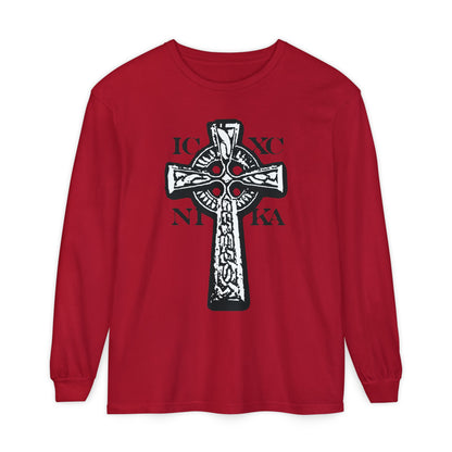 Red Orthodox Christian long sleeve featuring a black and white ICXC NIKA Celtic knotwork cross and Greek letters on the front, symbolizing "Jesus Christ Conquers.