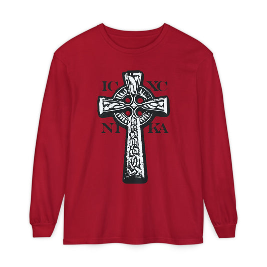 Red Orthodox Christian long sleeve featuring a black and white ICXC NIKA Celtic knotwork cross and Greek letters on the front, symbolizing "Jesus Christ Conquers.