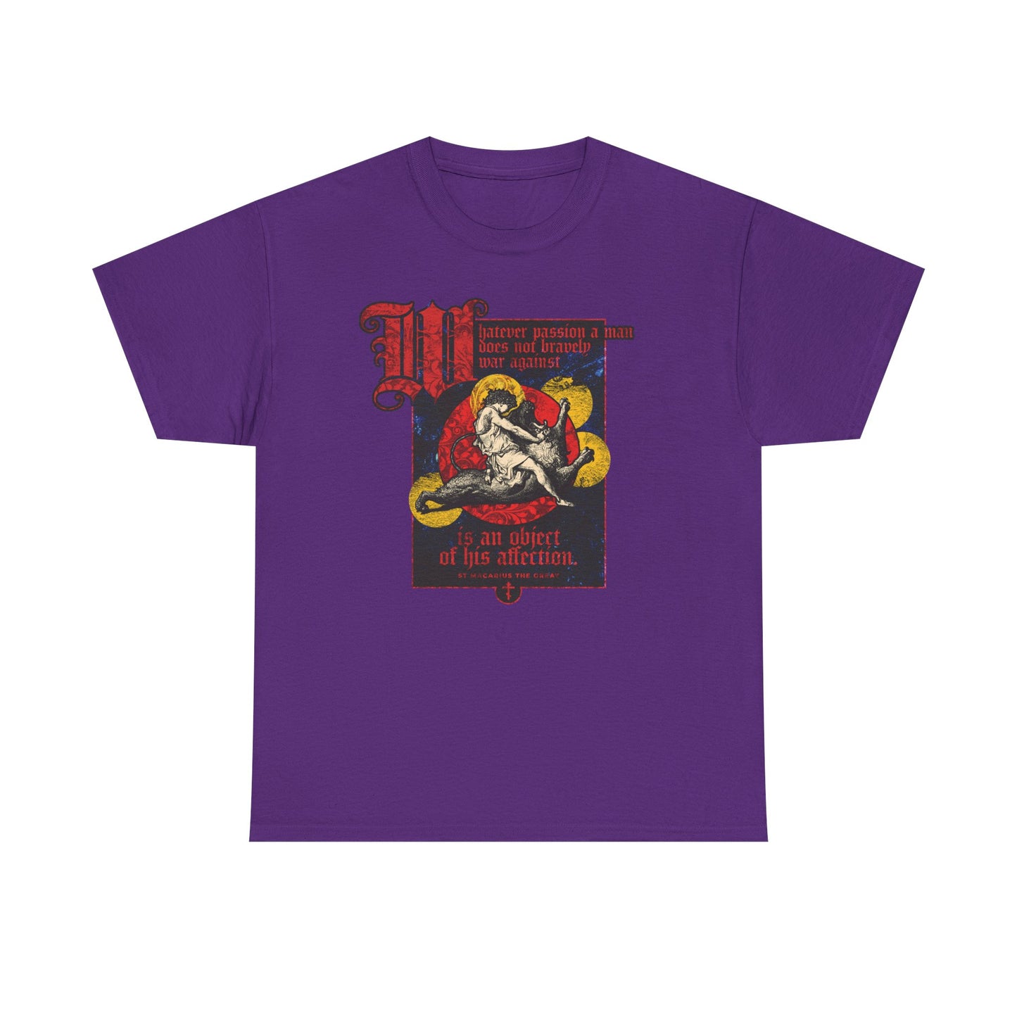 Purple "Whatever Passion a Man Does Not Bravely War Against" unisex t-shirt featuring Gustav Doré's medieval-inspired illustration of Samson slaying a lion, with decorative text—an impactful design symbolizing triumph over earthly passions.