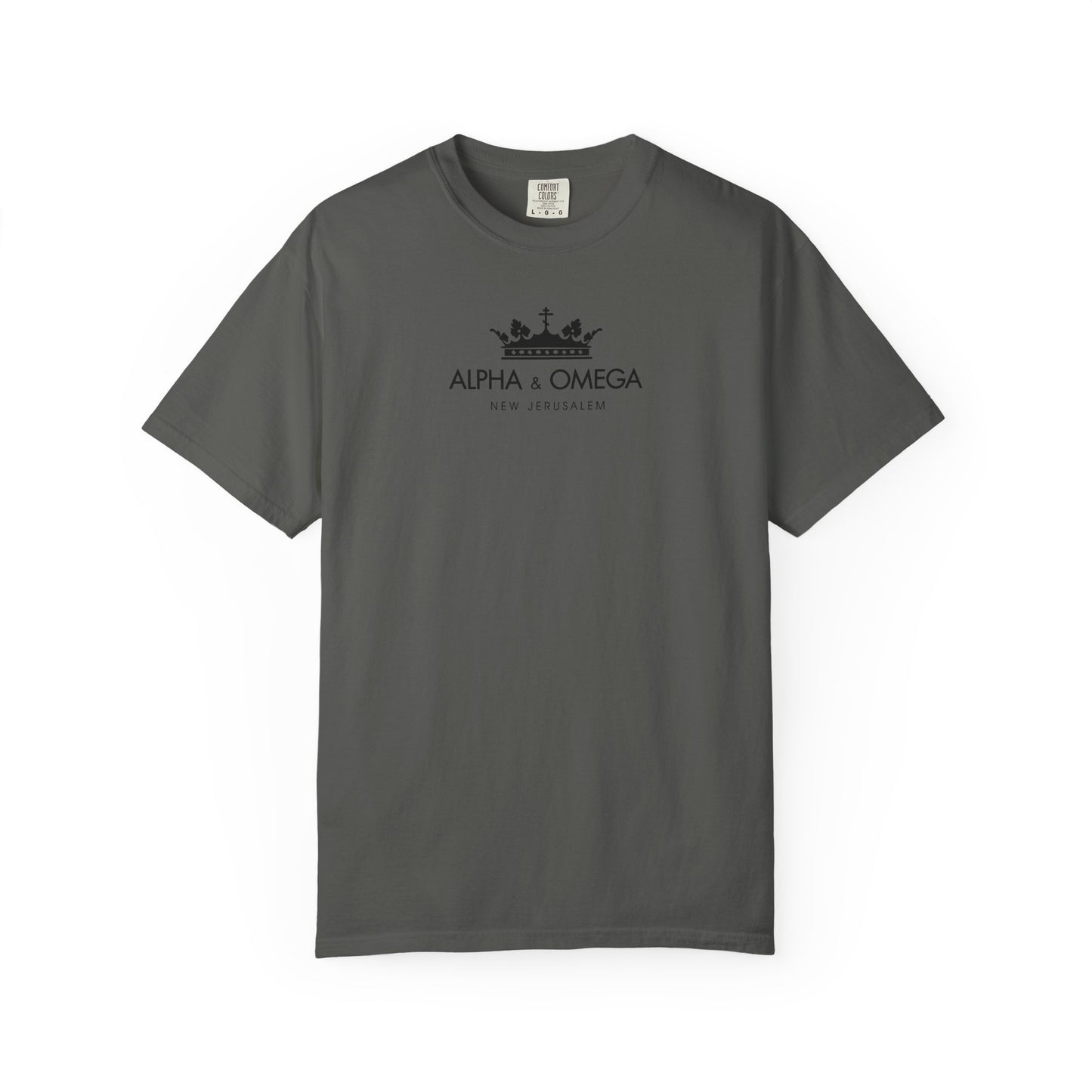 Pepper-colored heavyweight cotton unisex t-shirt featuring a black crown with Orthodox cross graphic and the text “ALPHA & OMEGA NEW JERUSALEM” on the chest, inspired by the mystical meaning of Alpha and Omega as explored in Christ the Eternal Tao.