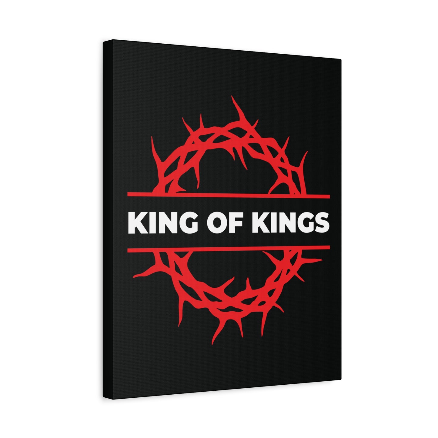 King of Kings Crown of Thorns | The King of Glory canvas features a red crown of thorns and bold KING OF KINGS text, inspired by Revelation 19:16. Christ is King—bold Christian canvas art for your home.