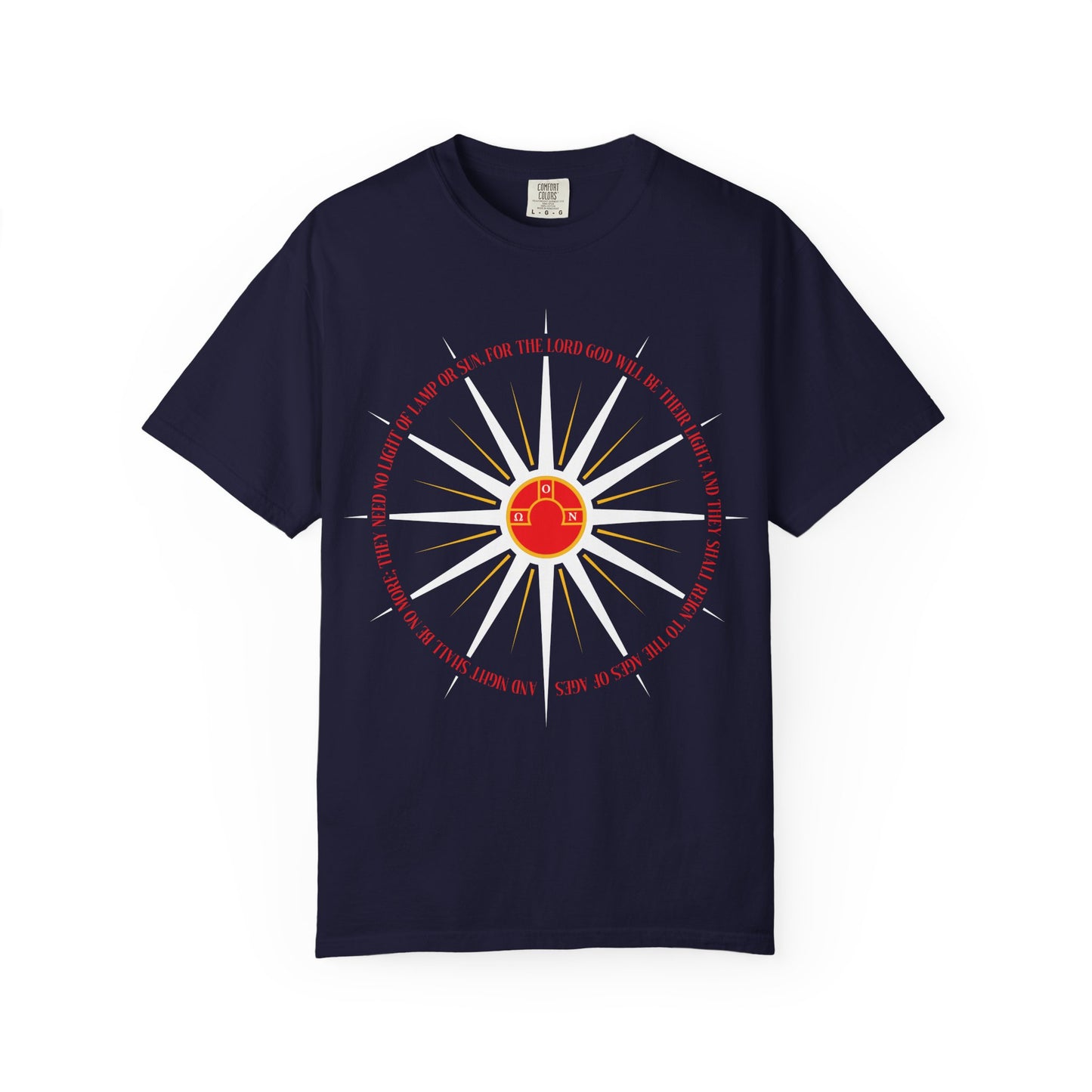 True navy heavyweight cotton t-shirt featuring a blazing sunburst and red house graphic, encircled by white and red text celebrating the imperishable homeland of the sons of God; inspired by Revelation 22:5 and themed around the Second Coming in Orthodox Christian tradition.