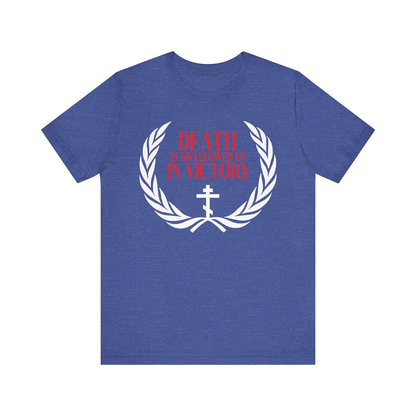 Heather True Royal lightweight cotton t-shirt featuring a white laurel wreath, Orthodox cross, and red text: "Death is Swallowed Up In Victory (1 Cor 15:54)"—a celebration of immortality and victory over death.
