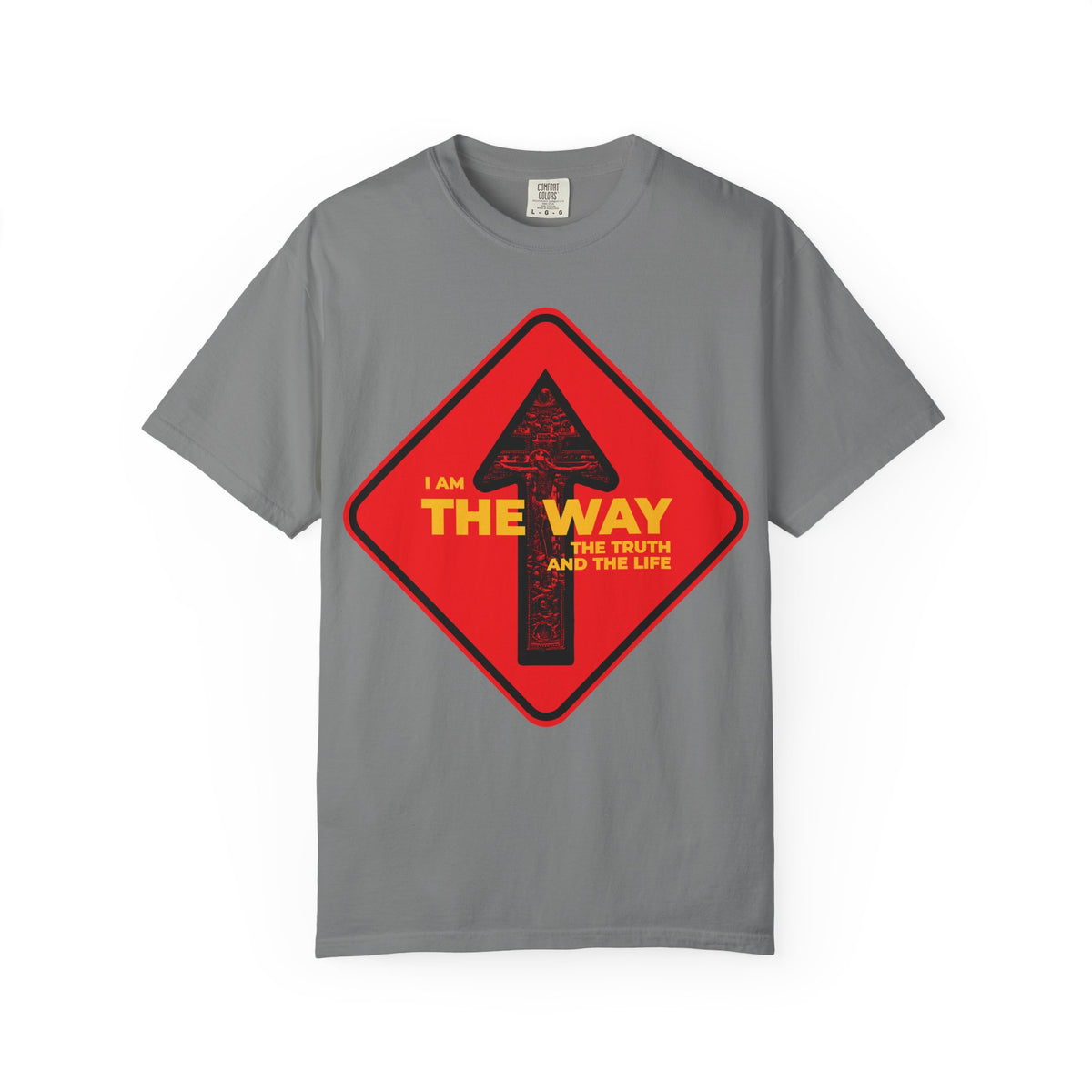 Sure! Here’s a rewritten sentence using your product data: The “Am the Way, the Truth and the Life” heavyweight cotton unisex tee features a grey color and a street sign one way arrow crucifix design, inspired by John 14:6—a reminder of Jesus as the way, the truth, and the life.