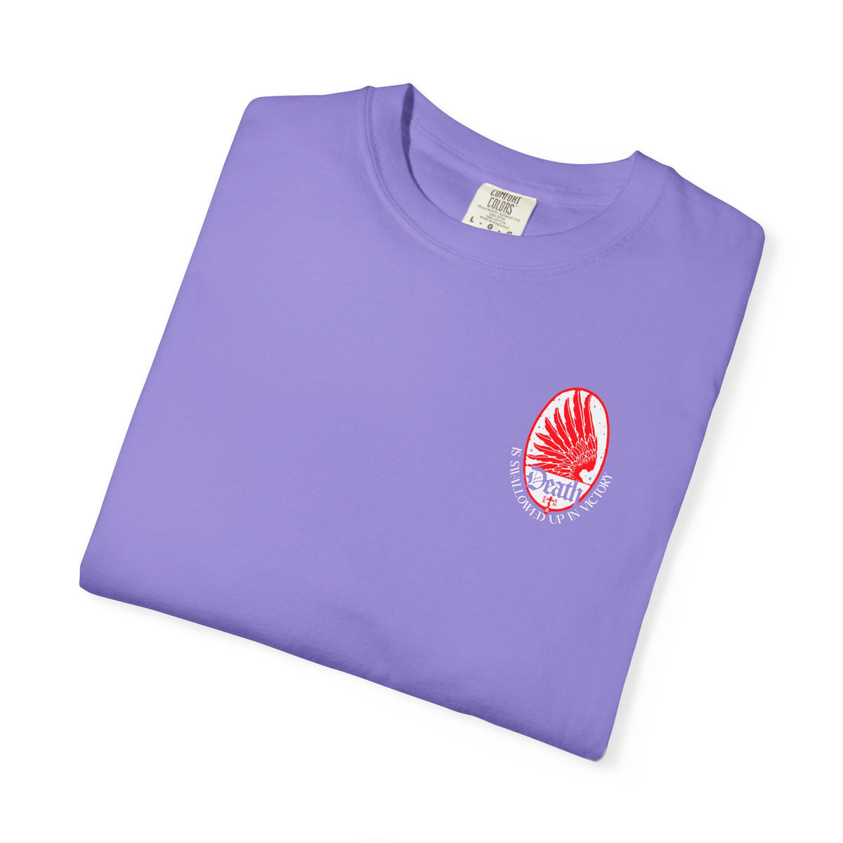 Periwinkle t-shirt featuring Death is Swallowed Up In Victory (1 Cor 15:54) Art Nouveau Eagle Wing & Stars design.