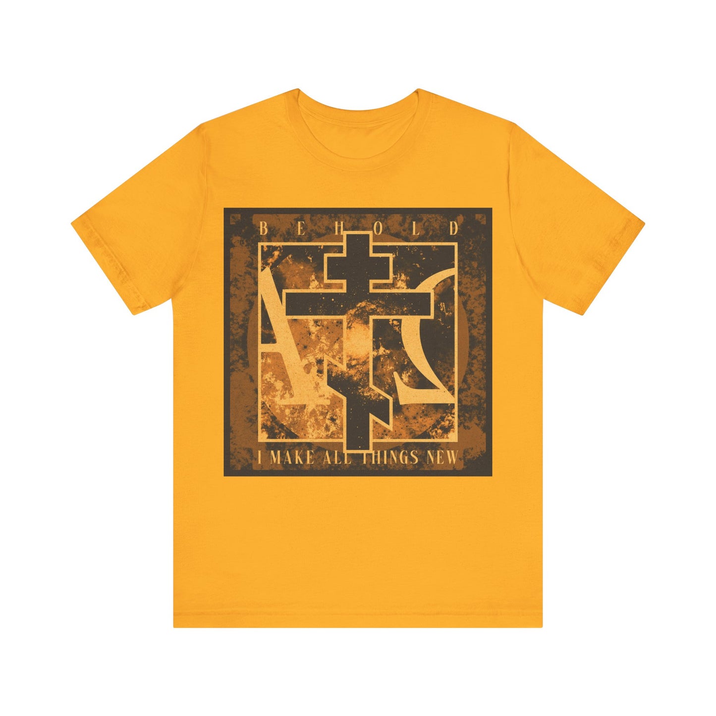 Gold cotton t-shirt featuring a brown and orange Orthodox cross with Alpha & Omega, text "Behold, I Make All Things New" (Rev 21:5), inspired by the Orthodox Christian promise of renewal.