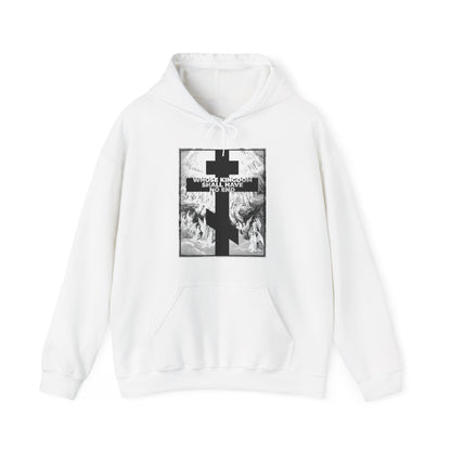 White "Whose Kingdom Shall Have No End" Orthodox hoodie featuring a black cross and grayscale Gustave Doré etching, inspired by the Nicene Creed and the enduring spirit of Christian faith.