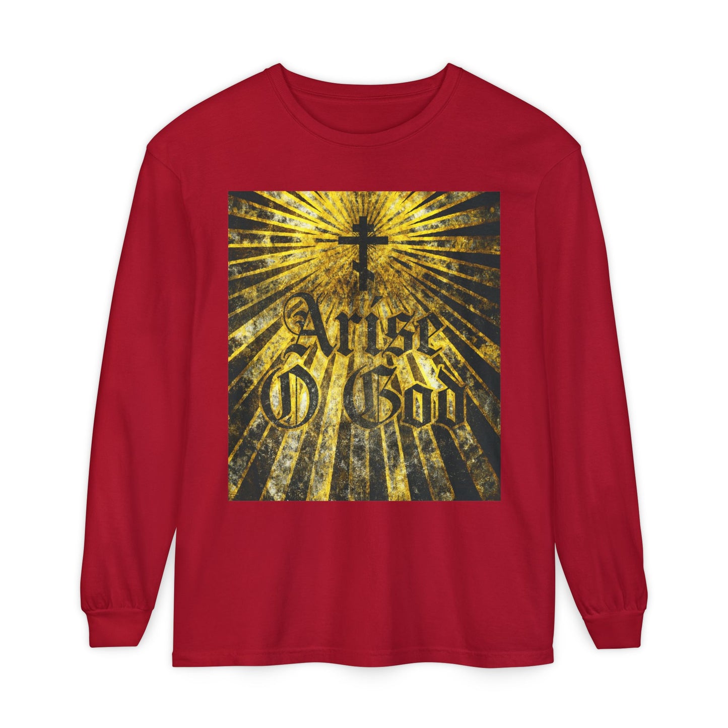 Red long sleeve featuring a textured Gothic "Arise O God" design, Orthodox cross, and golden rays—an inspiring nod to Psalm 81 (82 LXX) and the Divine Council worldview.