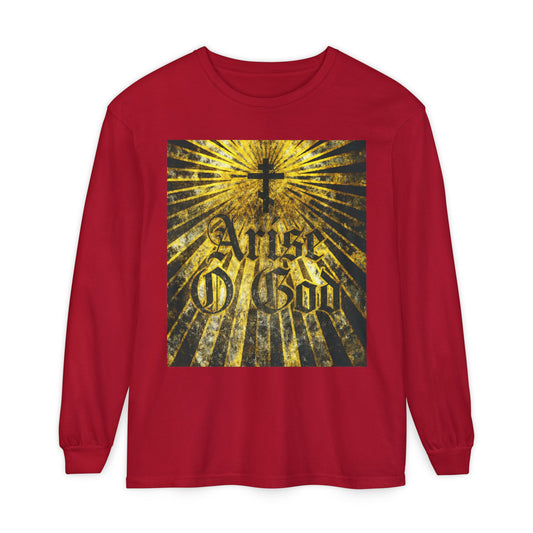 Red long sleeve featuring a textured Gothic "Arise O God" design, Orthodox cross, and golden rays—an inspiring nod to Psalm 81 (82 LXX) and the Divine Council worldview.