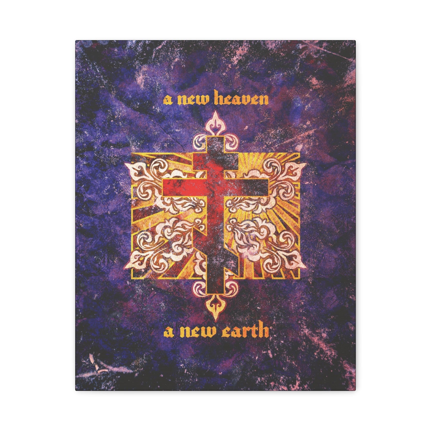 A New Heaven/A New Earth | Red Orthodox Cross on Textured Ornate Background | Christian Canvas Art
