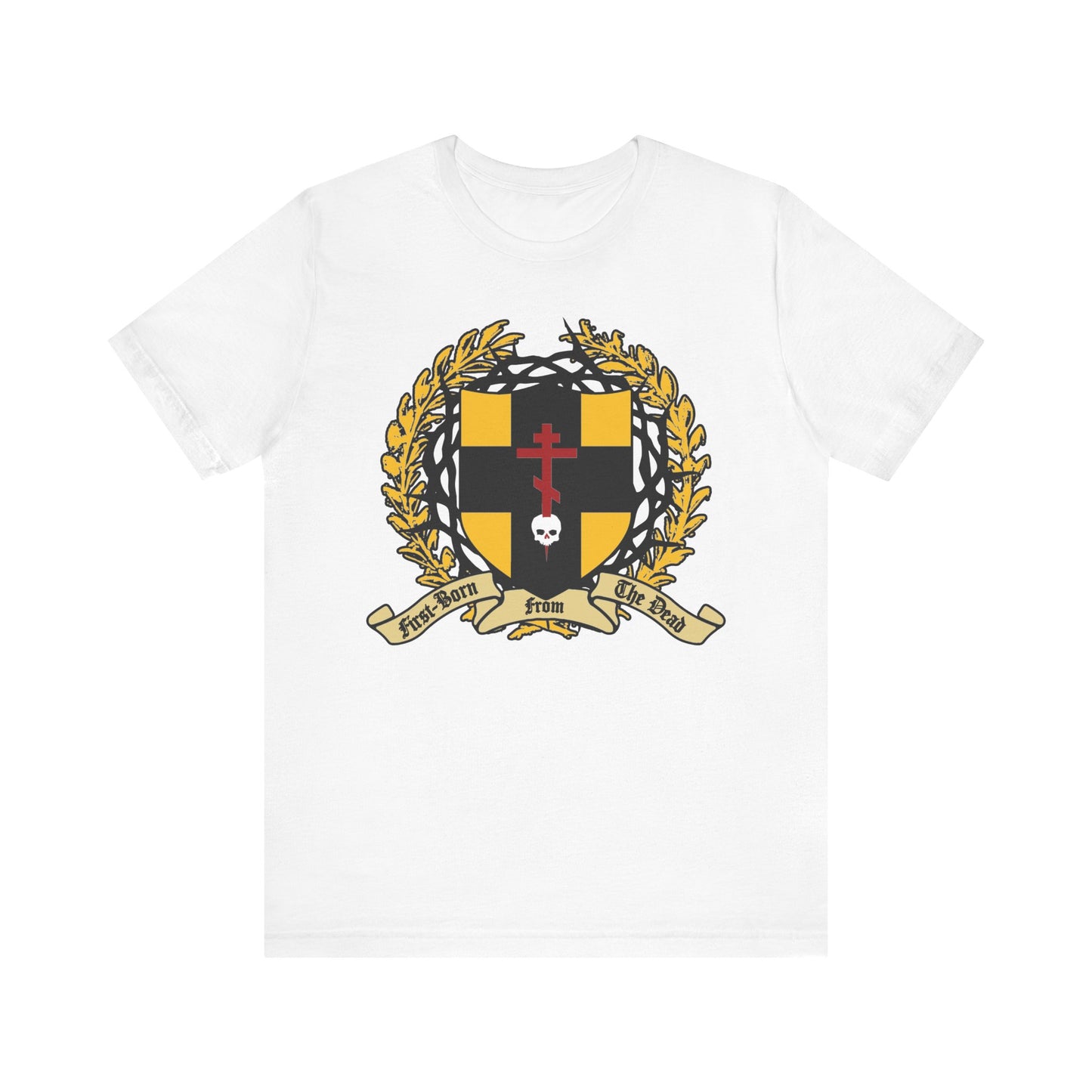 White unisex tee featuring an Orthodox cross stabbing a skull on a heraldic shield with crown of thorns; inspired by Colossians 1:18 ("First-Born from the Dead"). Lightweight cotton.