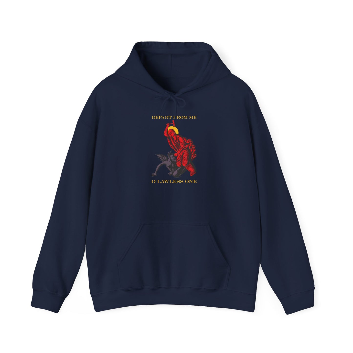 Navy St Marina IconoGraphic hoodie featuring a red, armored figure inspired by the Orthodox Christian icon of Saint Marina beating the devil with a hammer, with gold text reading "DEPART FROM ME O LAWLESS ONE.