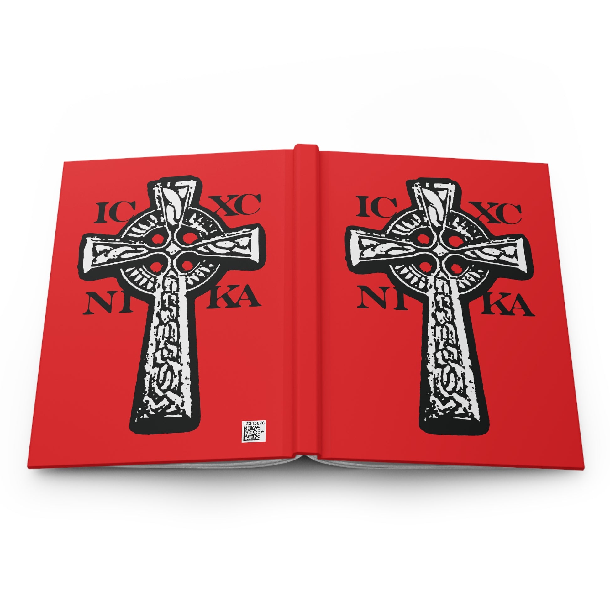 The ICXC NIKA Celtic Knotwork Cross Journal features a black and white cross on a red background, symbolizing Jesus Christ Conquers, with traditional Orthodox Christian design and blank pages.