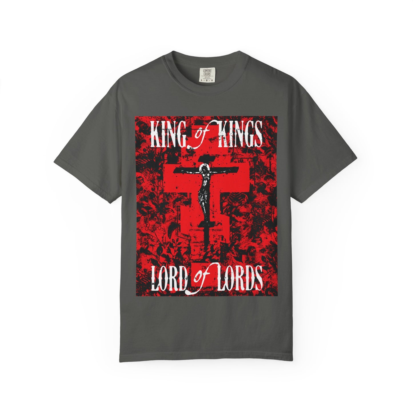 King of Kings, Lord of Lords | Christ Crucified Icono-Graphic | Red Cross Nature Texture w/ White Text | Heavyweight Cotton Unisex Tee