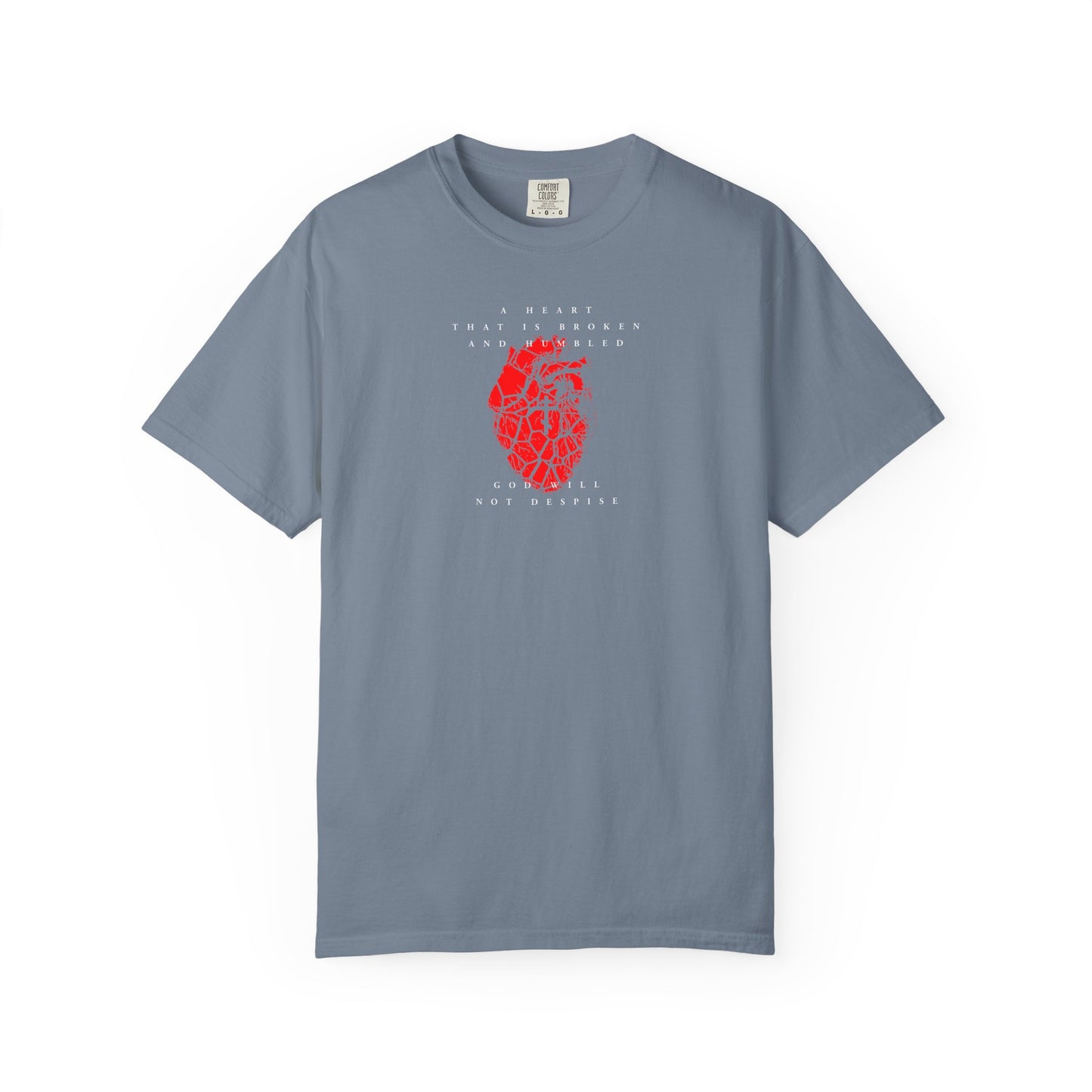 Blue Jean heavyweight cotton unisex tee featuring a cracked heart with Orthodox cross and white text: "A heart that is broken and humbled God will not despise," inspired by Psalm 51.