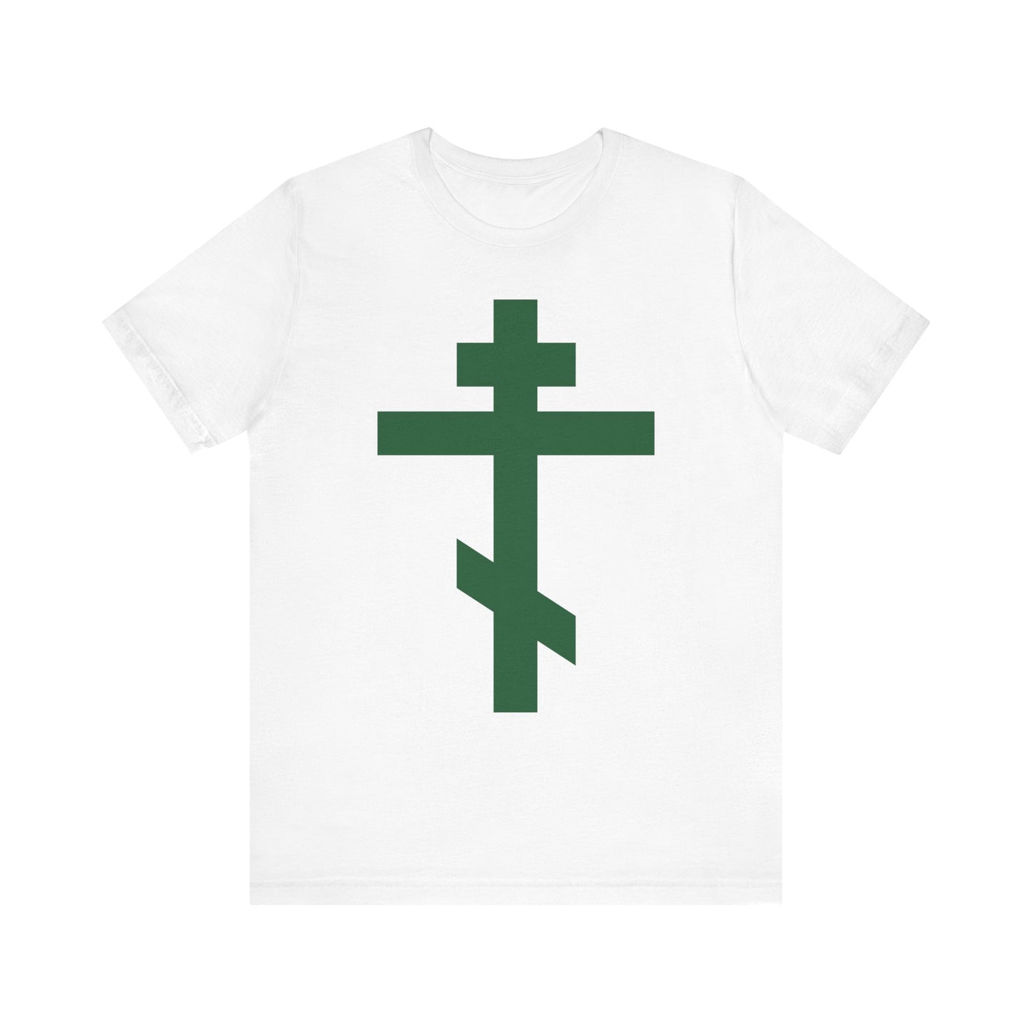 White tee featuring a bold forest green Orthodox Tribar Cross on the front, with "Preserve Thy People By Thy Cross, O Lord"—a lightweight cotton unisex shirt honoring Christ is King.