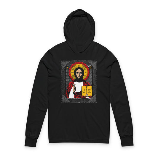 Black Orthodox hooded cotton shirt featuring an ancient Christ Pantocrator icon graphic design in Byzantine style with "He-Who-Is" and "I Am the Alpha and Omega" text.