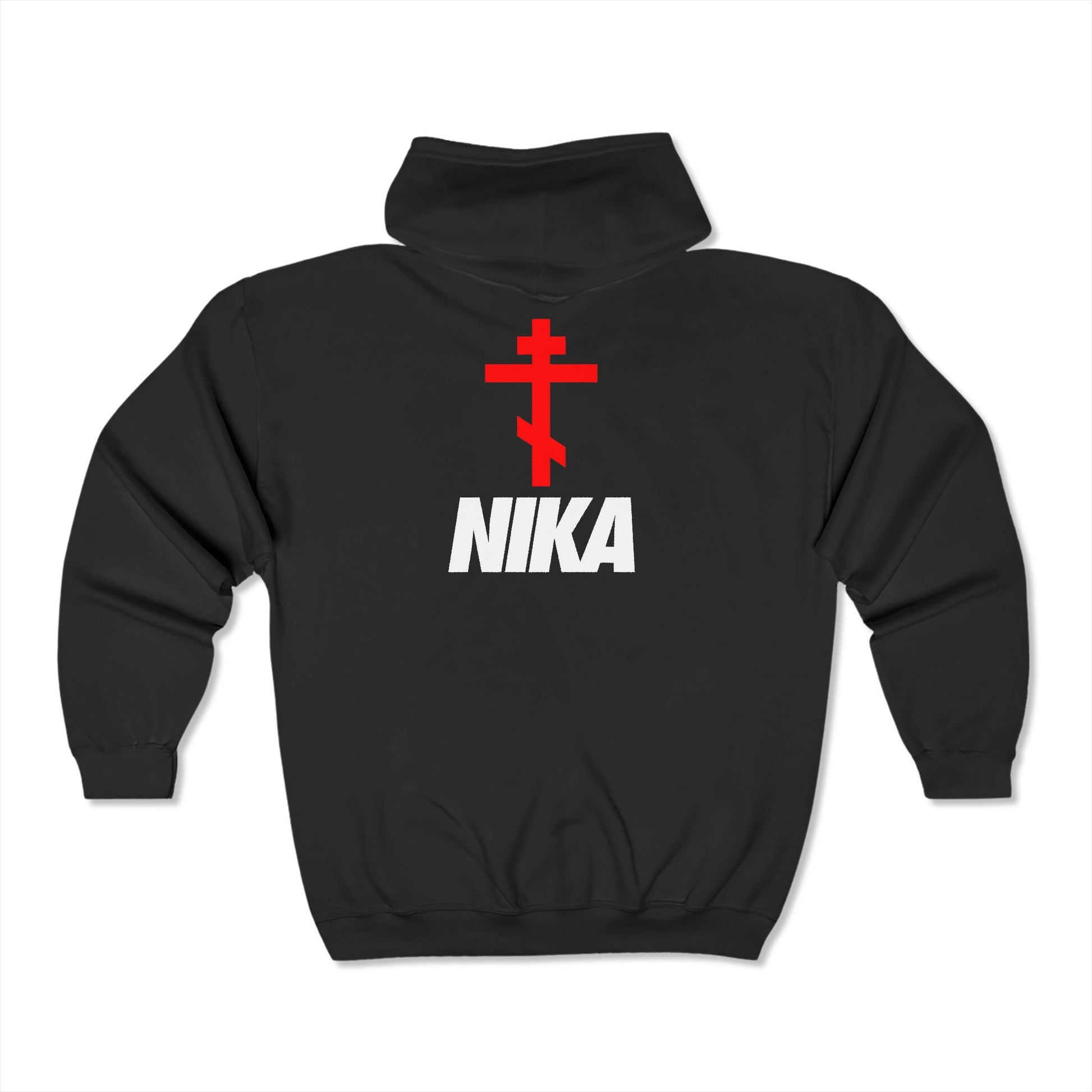 NIKA Red Russian Cross White Text | NIKE Logo Mashup | Minimalist Corporate Sports Logo Aesthetic | Orthodox Zipper Hoodie (Back Design)-Black-S-Remembrance of Death