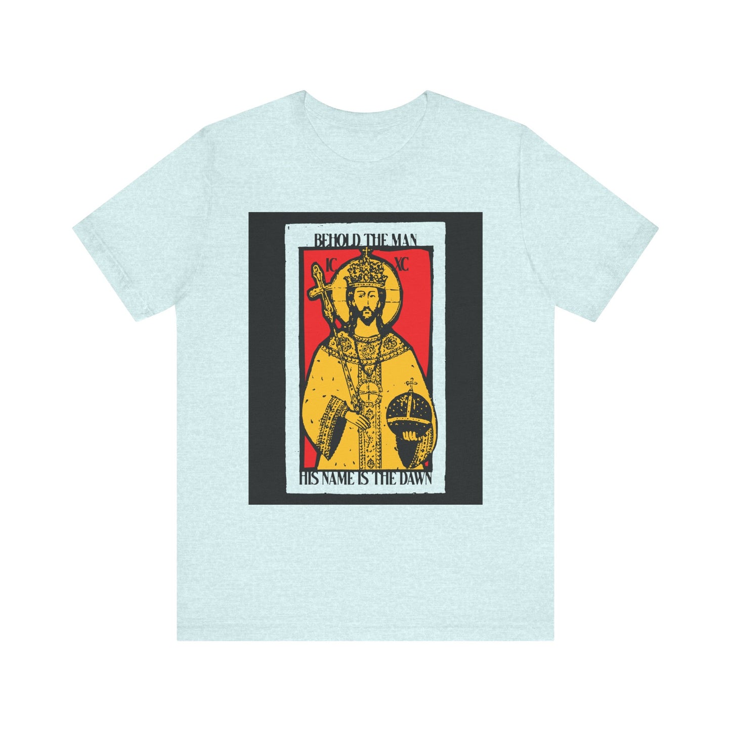 Heather Prism Ice Blue unisex tee featuring a red & yellow Christ icon-graphic with “Behold the Man, His Name is the Dawn” (Zechariah 6:12 LXX), lightweight cotton, Messianic design.