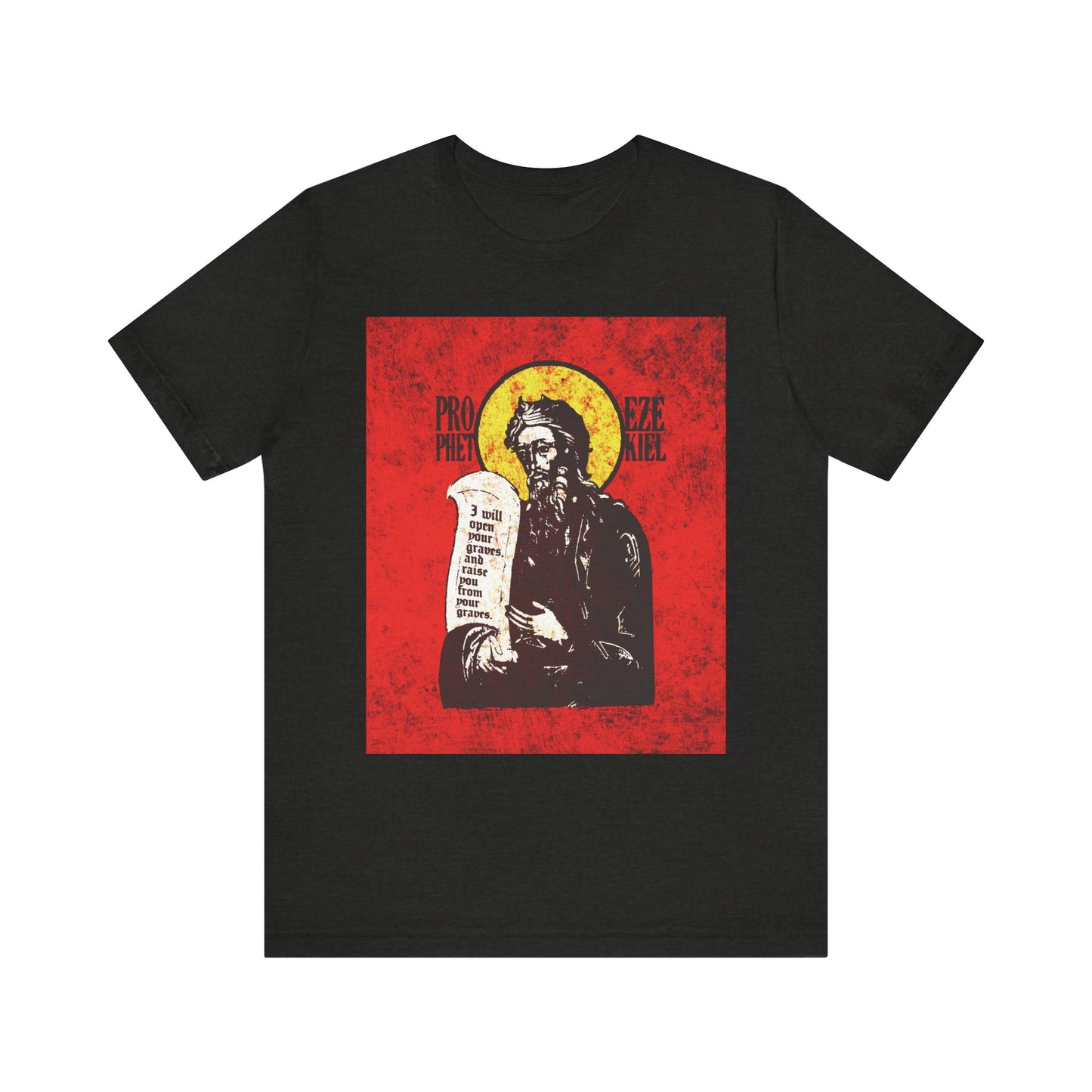 Black Heather unisex cotton tee featuring a textured, high-contrast iconographic image of the Old Testament Prophet Ezekiel holding a scroll on a bold red and yellow background, inspired by the vision of dry bones revived by the Spirit of the Lord.