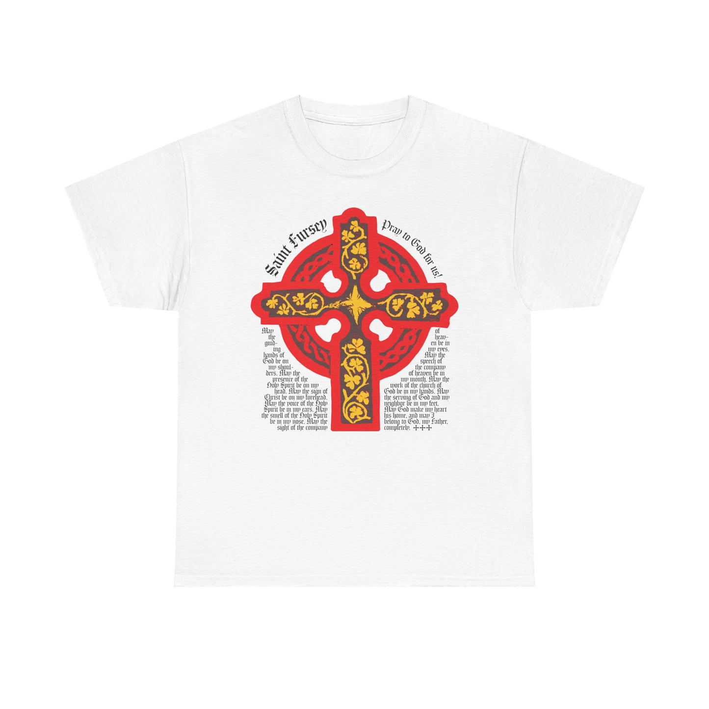 White unisex cotton tee featuring a red & yellow Celtic cross and Lorica Shield prayer of St Fursey, inspired by the Irish Orthodox Western Rite.